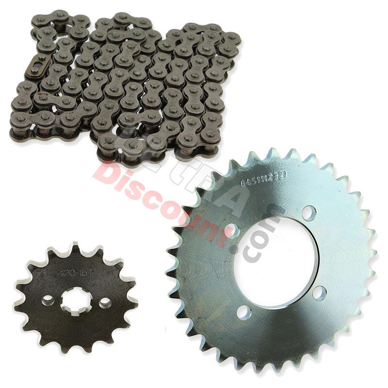 Kit di trasmissione: catena + pignone + ruota dentata per Skymini skybongo ST125-8/8A, Ricambi Skymini Monkey - Gorilla Kit di trasmissione: catena + pignone + ruota dentata per Skymini skybongo ST125-8/8A, Ricambi Skymini Monkey - Gorilla